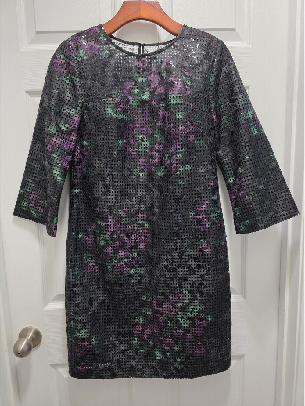 Vintage Black Sequin Floral Sheath Dress with 3/4 Sleeves